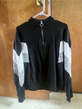Victoria's Secret Black Half-Zip Sweater with White & Gray Sleeve Panels